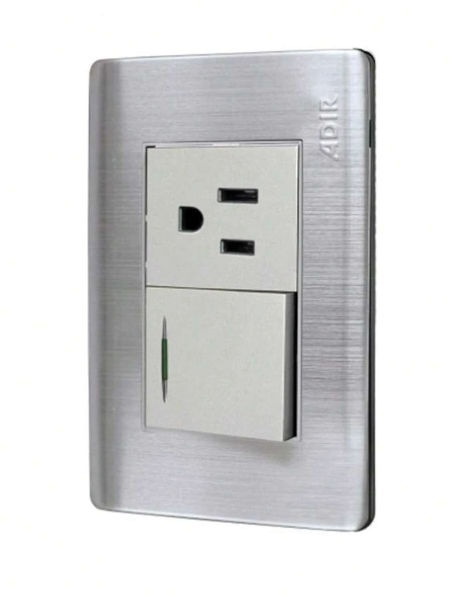 Placa acero inoxidable 1 apagador sencillo 1 contacto accesorio eléctrico resistente a la corrosión acabados profesionales adecuado para oficinas y casas montaje fácil diseño moderno y duradero - Plateado - Ver 1