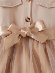 女童优雅翻领长袖网眼蝴蝶结连衣裙+腰带，适合春秋季 - 卡其色 - 查看 5