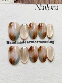 10 件手工指甲椭圆形指甲人造按压指甲短指甲，极简主义浅米棕色渐变晕染渐变指甲，闪亮闪光粉手绘金属不对称线条，闪亮猫眼，可爱简约优雅奢华手工制作秋季指甲，现代秋季指甲，多功能指甲 DIY 假指甲艺术派对日常和约会使用海滩热带度假适合可重复使用，适合女士和女孩作为礼物指甲用品 - 彩色 - 查看 11