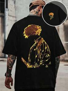 Anime Character Print T-Shirt, Men's Double-Sided Print T-Shirt, Fashion Casual Crew Neck 220gsm Cotton (1 Piece) - 黑色 - 查看 1