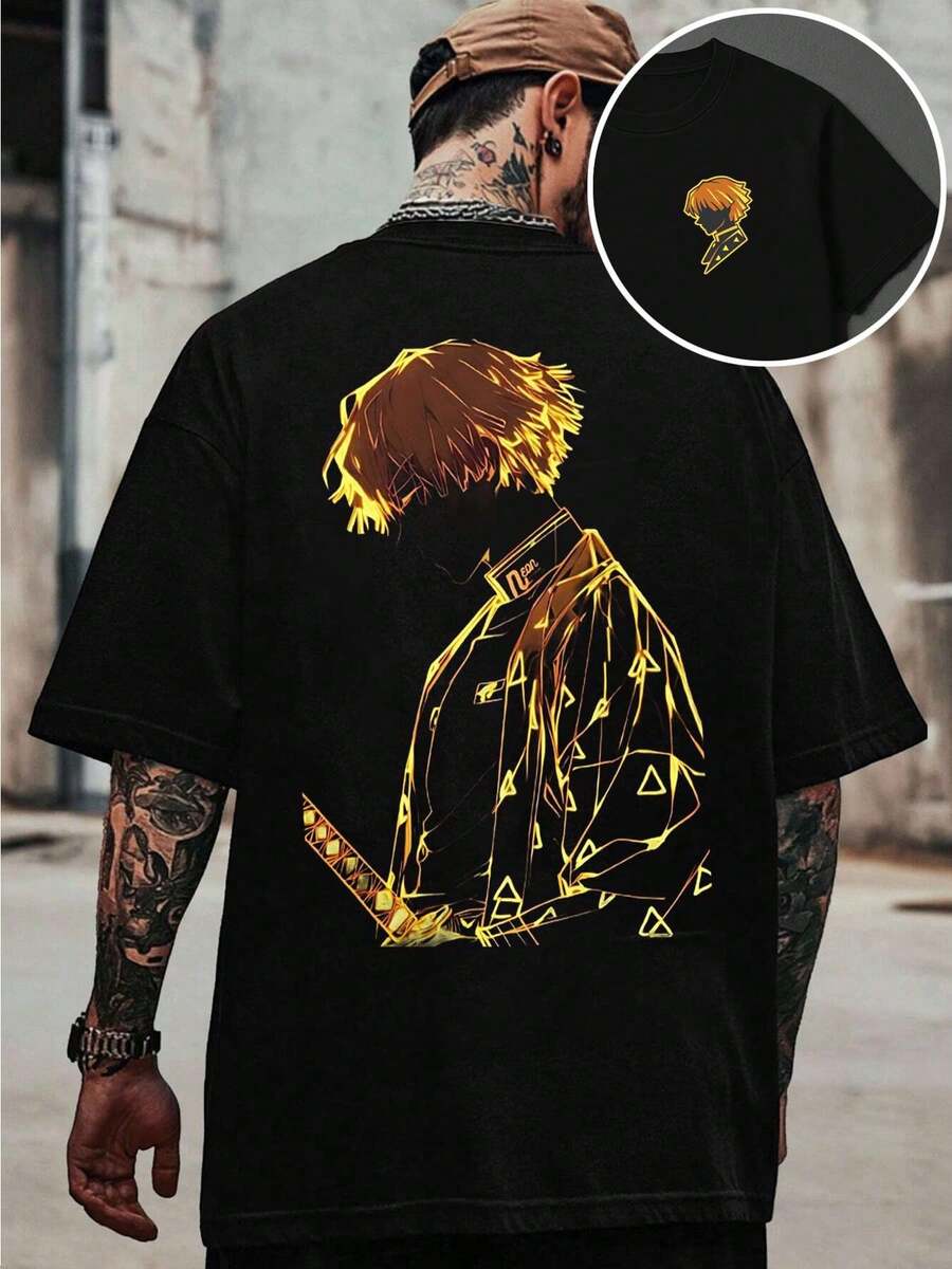 Anime Character Print T-Shirt, Men's Double-Sided Print T-Shirt, Fashion Casual Crew Neck 220gsm Cotton (1 Piece) - 黑色 - 查看 1