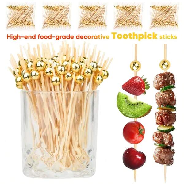 100 Palillos para cócteles, palillos de dientes decorados con perlas doradas, para aperitivos, bebidas, productos de fruta, palillos de bambú de 4.7 pulgadas, barras de cócteles de madera, decoraciones para bodas y fiestas nupciales, accesorios para alimentos