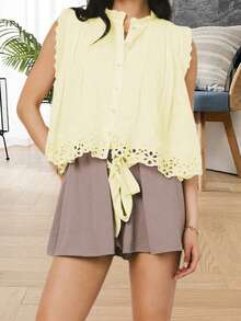 Blusas de verano con botones para mujer, casuales y elegantes, con detalles de ojales, de corte holgado y sin mangas - Amarillo - Ver 1