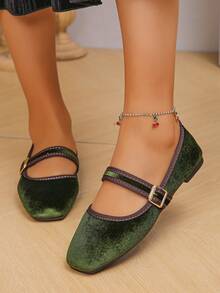 35-43码大码时尚方头平底鞋,低鞋面,适合办公室通勤和日常穿着,军绿色天鹅绒搭扣,可搭配裙装,春秋季芭蕾平底鞋 - 軍綠色金絲絨 - 查看 5