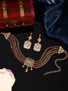 1 套手工摩洛哥风格珠宝套装 - 项链和耳环，镶嵌水钻，适合新娘、婚礼、派对、节日 - 彩色 - 查看 3