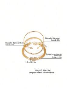 3pcs Luxury Simple Personalized Rhinestone Butterfly & Heart Design Stacking Bangle Bracelet Set For Women, Elegant - 黃金 - 查看 7