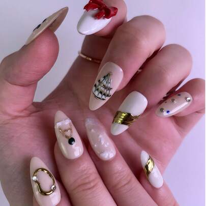 10片/套 女士/女孩亚克力假指甲，含美甲贴纸，手工杏仁形设计，全面贴合，方便实用。采用亚克力材质，经久耐用，可重复使用。这款易于佩戴的假指甲套装包含美甲用品。适合派对、新年庆祝活动、情人节和其他节日，也是理想的礼物之选。