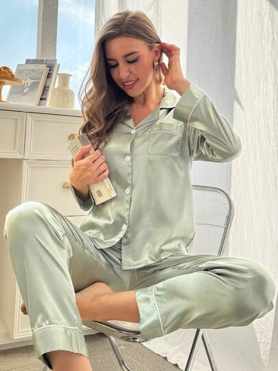 Set de 2 piezas de pijama de unicolor de manga larga para mujer