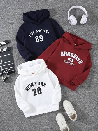 3pcs/Set Boys' Casual Autumn/Winter Letter & Number Print Hooded Sweatshirts, Warm & Fashionable