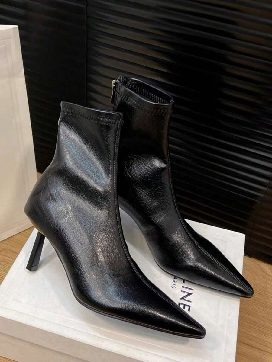 2025 新款法式尖头细跟修身踝靴，简约设计，通勤，秋冬，秋季，女士，性感，小猫跟鞋
