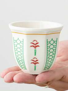 1pc Middle Eastern Style 100ml Ceramic Cup, Hand-Painted Coffee Mug With Elegant Blue, Red And Green Patterns, Complemented By "Peace" Latte Art, Displayed On White Surface With Coffee Beans And Pastries, Refreshing Visual Experience, Saudi National Day Gift - Multicolor - View 12