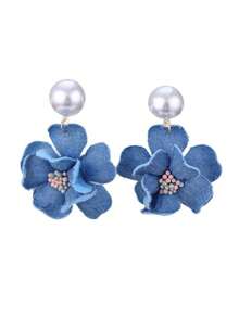 Denim Fabric Rose Flower Three-Dimensional Camellia Handmade Flower Pearl Stud Earrings Women Jewelry - 花苞#EZ5584-B - 查看 5