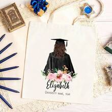 Personalized Graduation Canvas Tote Bag, Customizable Name And Details, Large Capacity, Durable, Simple Style, With Floral Design, Graduate - 1PC - View 5