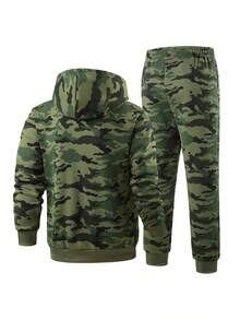 Bộ đồ nỉ ngụy trang mùa thu đông dành cho nam, áo nỉ có mũ trùm đầu ngụy trang, quần chạy bộ bằng nỉ ngụy trang phù hợp cho các môn thể thao ngoài trời, trang phục hàng ngày, du lịch, v.v. - xanh quân đội - Xem 3