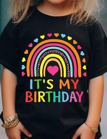 IT'S MY BIRTHDAY & Doodled Rainbow & Heart Graphic Print, Girls' Casual & Comfy Crew Neck Short Sleeve T-Shirt For Spring & Summer, Girls' Tee & Clothes For Outdoor Activities - Black - View 1