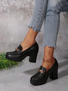 Women's Gold Chain Buckle Loafers, Black Chunky Heel Platform Shoes - Black (thin Chain) - View 6