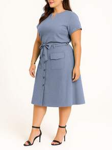 Women's Plus Size Linen Set, Basic Blouse And Midi Skirt, Social Evangelical Fashion, Cargo Pocket With Buttons And Bow - 淺藍色 - 查看 1