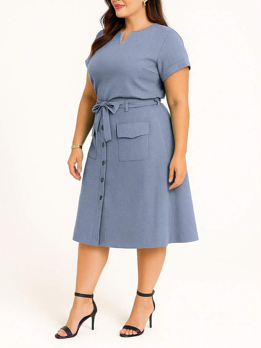 Women's Plus Size Linen Set, Basic Blouse And Midi Skirt, Social Evangelical Fashion, Cargo Pocket With Buttons And Bow - 淺藍色 - 查看 1