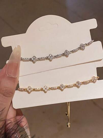 1 Stück elegantes Zirkonia-Diamant-Blumen-Armband mit verstellbarem Verschluss, schickes koreanisches Designstil, vielseitig für den Alltag