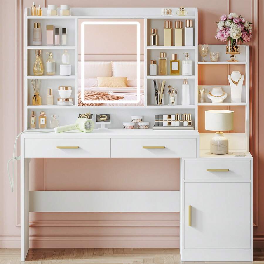 HaluPeit 39.3''  Vanity Desk With HD Mirror And Lights,  Makeup Vanity With Power Strip, 3 Drawers And 9 Storage Shelves, Storage Behind The Mirror, DressingTable With Bedside Table, White - View 1