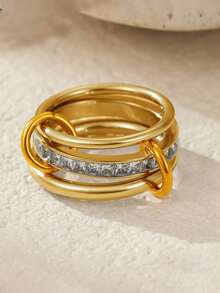 1 chiếc nhẫn kim cương vuông mạ vàng 18K sáng bóng, thép không gỉ chống thấm nước và chống phai màu, thích hợp đeo hàng ngày, dự tiệc, làm quà tặng Ngày của Mẹ - Vòng 4 (3 lớp) - Xem 18