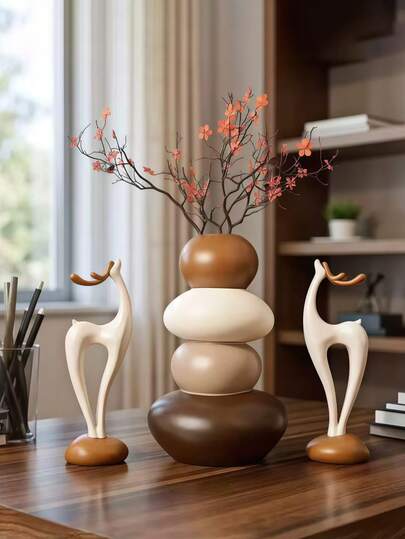 1pc Stacked Stone Sculpture, 1 Pair Deer Shaped Vase Resin Sculpture Set, Geometric Stone Flower Vase, Fashionable And Elegant Design, Desktop Decor, Suitable As Home And Office Gift, Birthday, Graduation, Christmas Gift