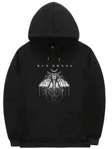 Bad Omens Graphic Hoodie - Pink Casual Pullover With Black Moth & Floral Design, Loose Fit, Long Sleeves, Drawstring Hood, Polyester Blend For Fall/Winter, Everyday Comfort Apparel | Stylish Hoodie | Durable Pullover,Fall Hoodies,Men's Fall Clothes,Street Wear,Halloween,Mens Hoodies,Y2k Clothes,Jesus Hoodie,Thanksgiving Day,Nightmare Before Christmas,Christmas - 黑色 - 查看 1