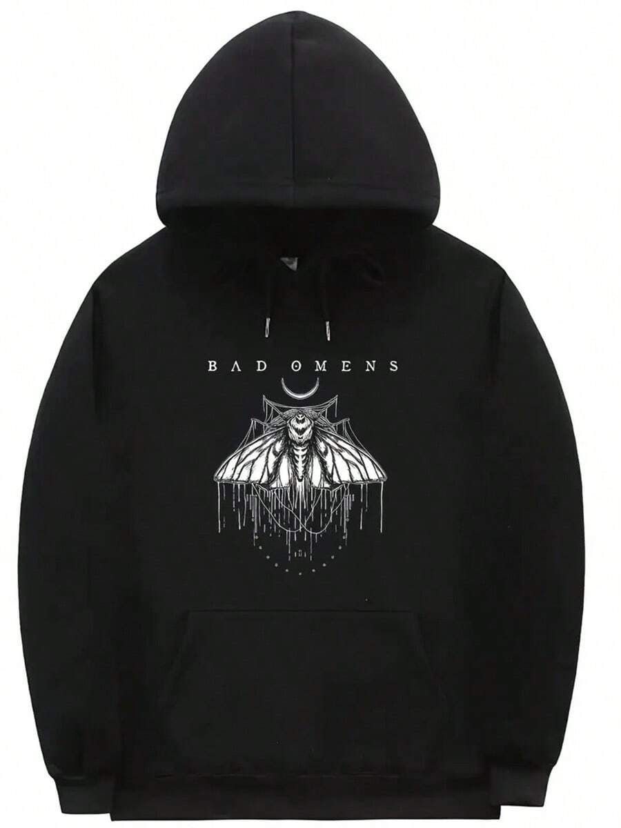 Bad Omens Graphic Hoodie - Pink Casual Pullover With Black Moth & Floral Design, Loose Fit, Long Sleeves, Drawstring Hood, Polyester Blend For Fall/Winter, Everyday Comfort Apparel | Stylish Hoodie | Durable Pullover,Fall Hoodies,Men's Fall Clothes,Street Wear,Halloween,Mens Hoodies,Y2k Clothes,Jesus Hoodie,Thanksgiving Day,Nightmare Before Christmas,Christmas - 黑色 - 查看 1