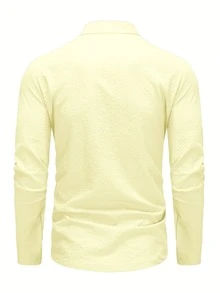 Men's Long Sleeve Henley Collar Shirt, Button Front, Lightweight Polyester Fabric, Striped & Plaid Design, Casual & Comfortable, Soft Fabric, Daily Wear, Fashionable & Breathable For Summer Beach Vacation, Rolled-Up Sleeves, Fashionable Menswear, Outdoor Casual Apparel, Classic Fit, Versatile & Lightweight Shirt, Men's Everyday Top - Light Yellow - View 4