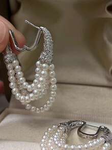 2 peças brincos de luxo franceses com microzircônia incrustada em cobre, multicamadas, pérolas, fivela em ferradura e borla, minimalistas e versáteis, adequados para mulheres usarem em feriados, eventos e ocasiões especiais - Prata - Ver 1