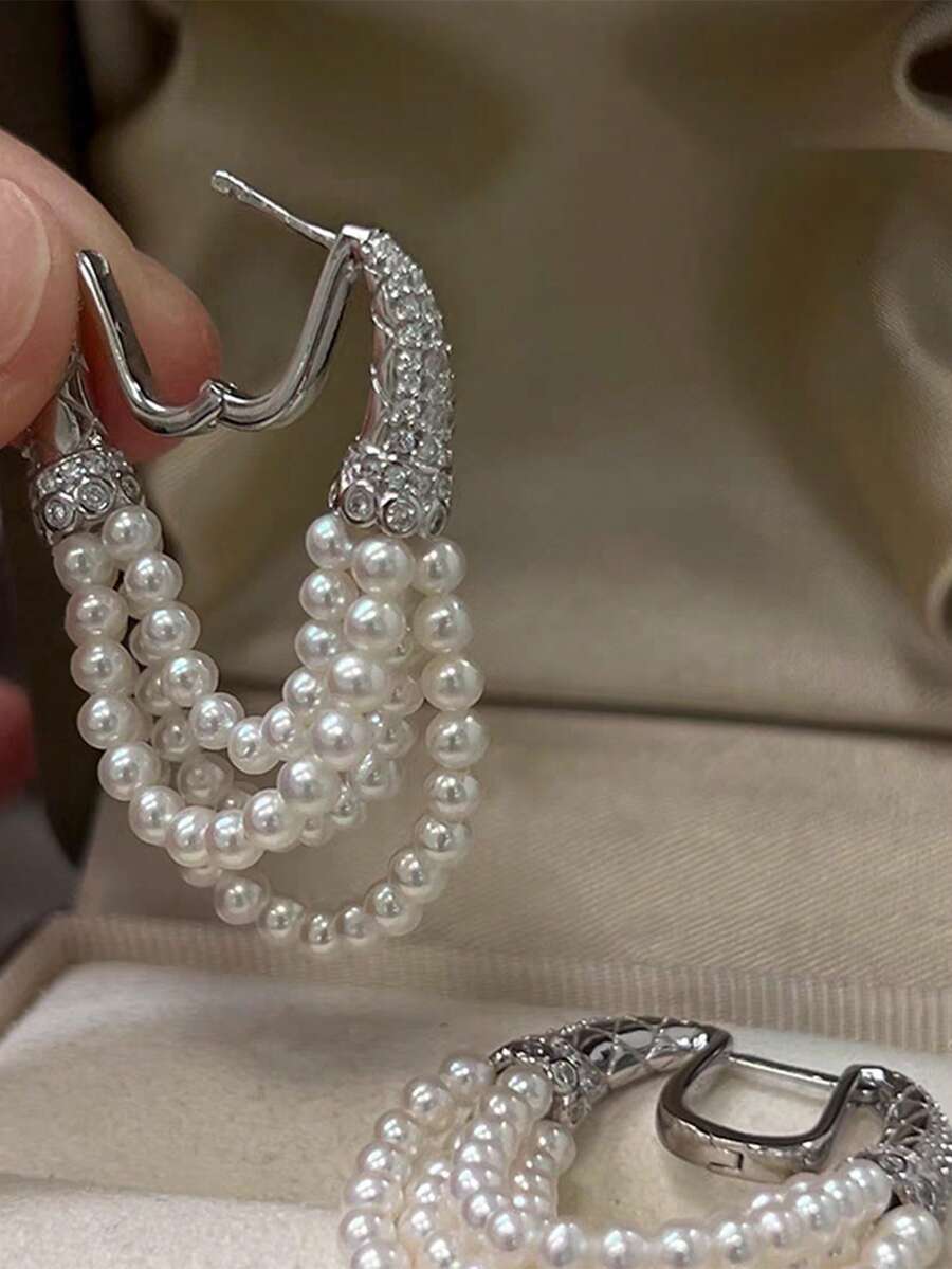 2 peças brincos de luxo franceses com microzircônia incrustada em cobre, multicamadas, pérolas, fivela em ferradura e borla, minimalistas e versáteis, adequados para mulheres usarem em feriados, eventos e ocasiões especiais - Prata - Ver 1