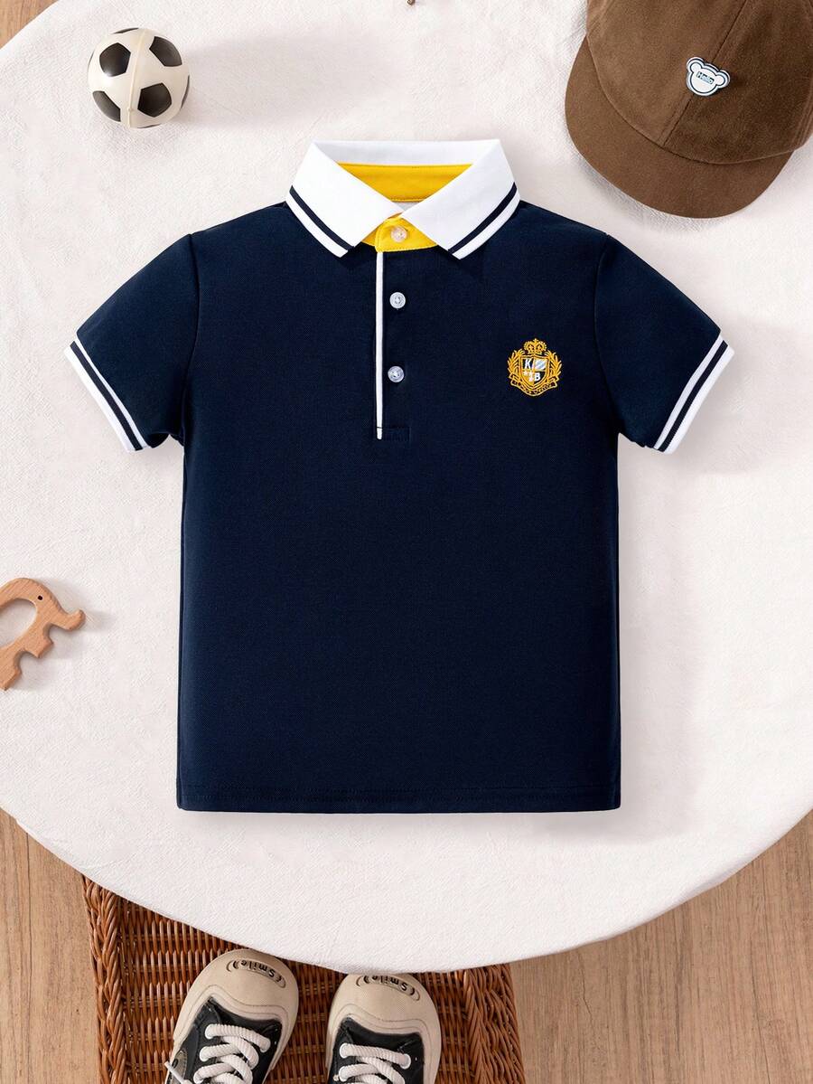 年轻男孩经典休闲刺绣撞色饰边领短袖 Polo 衫,适合日常、团体旅行、聚会、户外活动 - 藏蓝色 - 查看 1