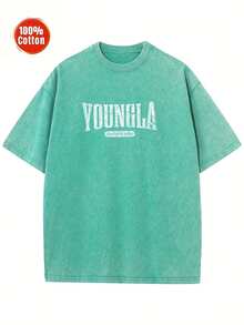 Men's Oversized Heavyweight 100% Cotton Vintage Washed YOUNGLA Pattern T-Shirt - Loose Street Style Printed Top With Eye-Catching Large Letter Design, Brown Distressed Effect, Large Size Round Neck Short Sleeve Casual Shirt Suitable For Men And Teenagers, Suitable For Daily Wear In Spring, Summer, And Autumn (Extra Large And Extra Tall Sizes Available) - Hip-Hop Style Loose Fit, Machine Washable, Unisex Style Suitable For Casual Outings And Sports, Urban Fashion , Durable Fabric, High-Quality Printing, Youth Clothing - 綠色 - 查看 1