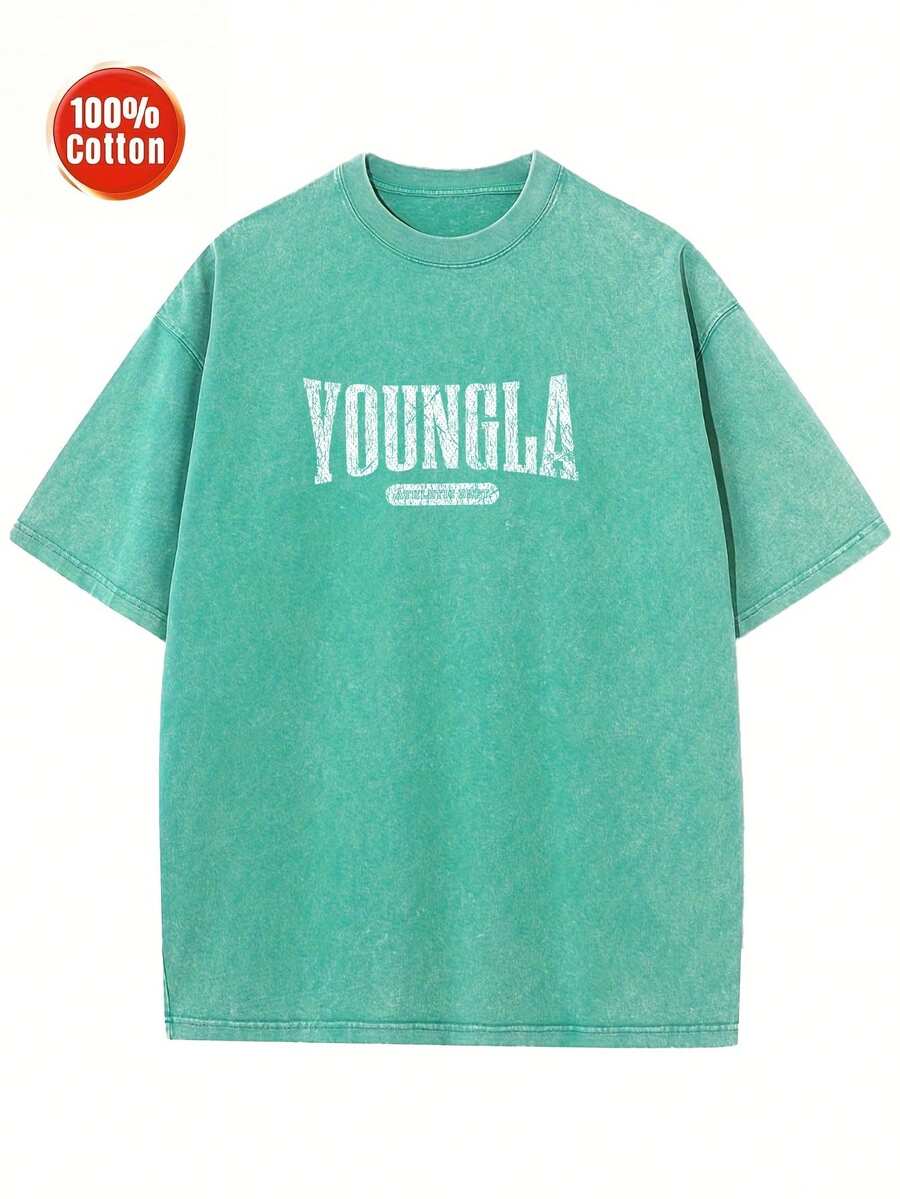 Men's Oversized Heavyweight 100% Cotton Vintage Washed YOUNGLA Pattern T-Shirt - Loose Street Style Printed Top With Eye-Catching Large Letter Design, Brown Distressed Effect, Large Size Round Neck Short Sleeve Casual Shirt Suitable For Men And Teenagers, Suitable For Daily Wear In Spring, Summer, And Autumn (Extra Large And Extra Tall Sizes Available) - Hip-Hop Style Loose Fit, Machine Washable, Unisex Style Suitable For Casual Outings And Sports, Urban Fashion , Durable Fabric, High-Quality Printing, Youth Clothing - 綠色 - 查看 1
