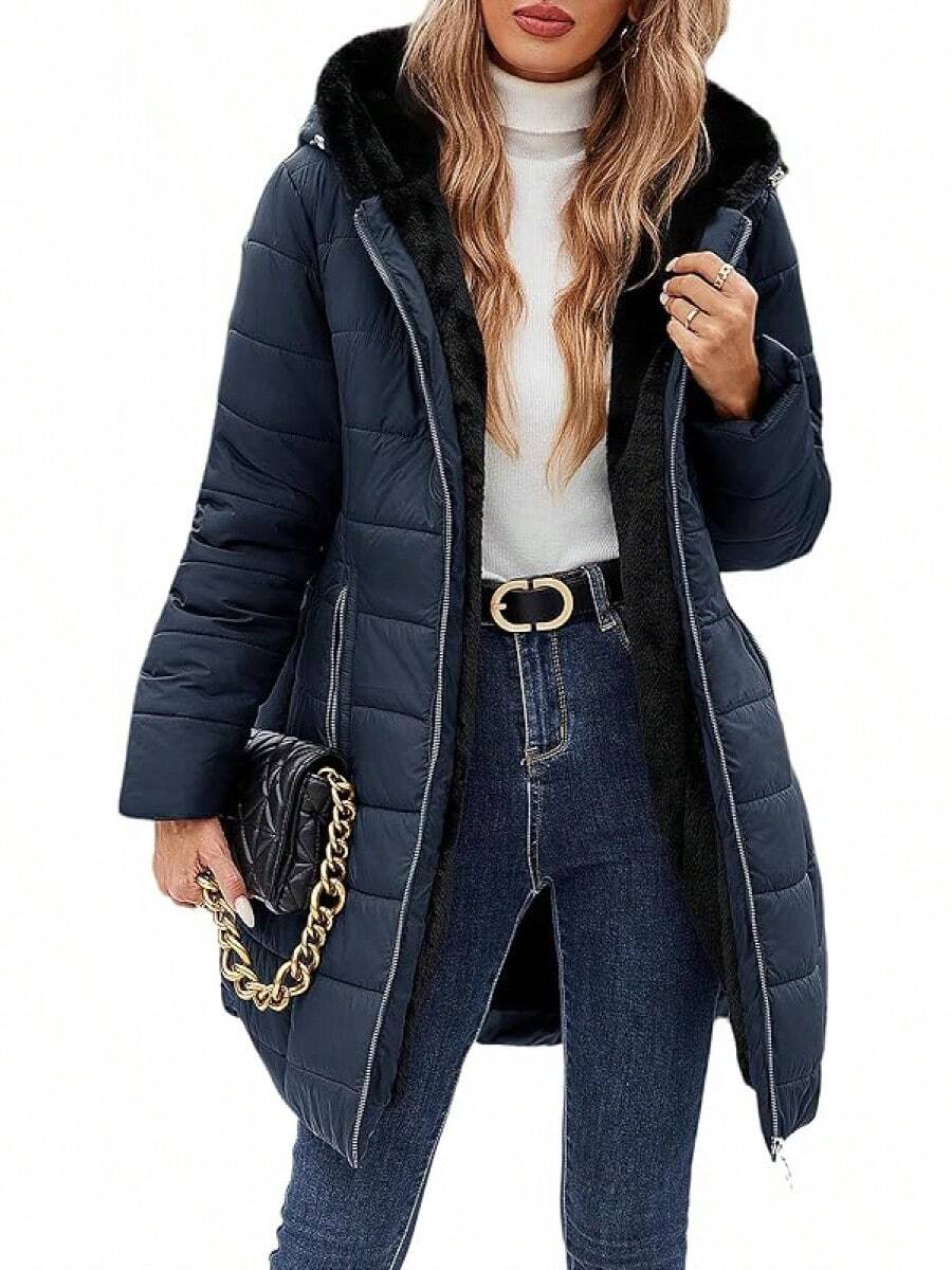 Women's Winter Windproof Fur Warm Slim Fit Down Jacket - Long Ski Coat For Commuting - Navy - 查看 1