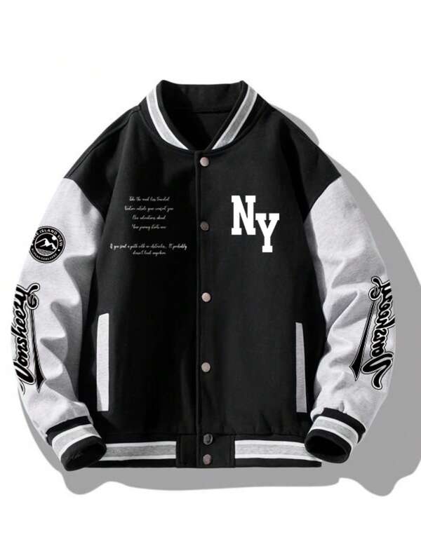 Men's Simple Print Daily Long Sleeve Baseball Jacket, Designer, Urban, Graffiti, Color Block, Friends, Fall