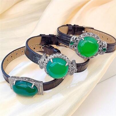 优雅玉镯腕表，高贵翠绿玉鸽蛋手镯，时尚玉饰腕表