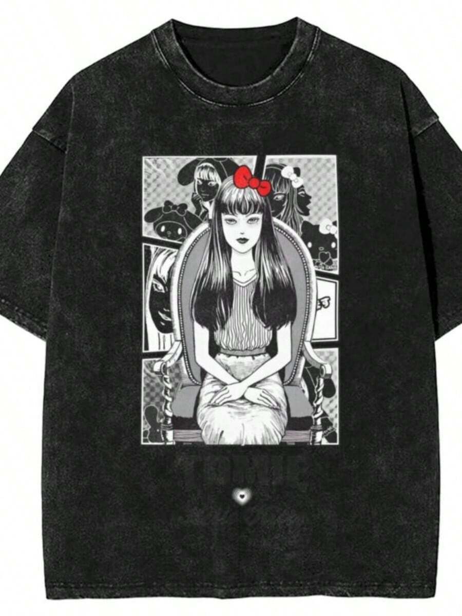 JunjiS ItoS X Hellos Kitty T-Shirt Popular T Shirts Short SLeesves Y2K Funny Tops Beach Cotton O Neck Oversized Clothes - Black - View 1