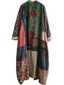 LUZU JUNU Women's Trench Coat Floral Print Long Cotton Linen Jacke Cottagecore Clothing Patchwork Outwear Bohemian Unique - 復古灰色溫暖絎縫 - 查看 10