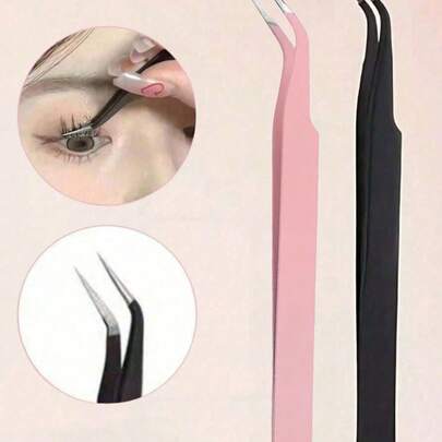 2pcs Angled Eyebrow Tweezers & Lash Applicator Tool, Precise Facial Hair Removal Tool For DIY Scrapbooking, Jewelry Making, Beading, Colorful Craft Projects And Home Beauty Use, Durable Structure Curved Lash Tweezers For Easy Lash Application And Removal