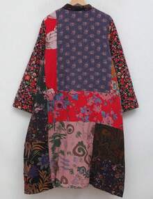 LUZU JUNU Women's Trench Coat Floral Print Long Cotton Linen Jacke Cottagecore Clothing Patchwork Outwear Bohemian Unique - 玫瑰暖絎縫 - 查看 5