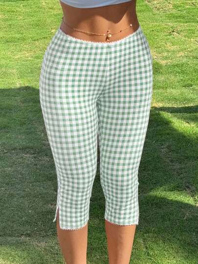 Womens Gingham Capri Pants High Waisted Skinny Fit Lace Cuffs Plaid Short Pants Summer Capris Leggings