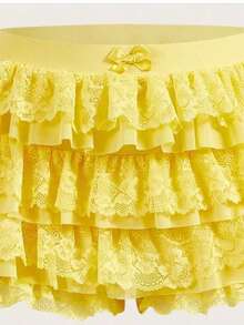 Women's Fashion Solid Color Lace Splicing Multi-Layer Shorts - Màu vàng - Xem 2