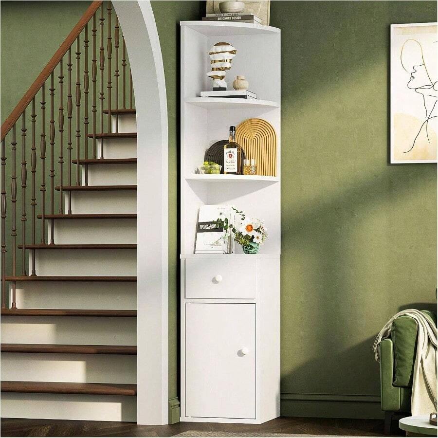 Librero, Esquinero de Madera, Librero Organizador con Cajones y Mueble Multifuncional, Librero Esquinero, Mueble Organizador Fcil de Instalar, Librero Minimalista para Sala, Estudio Blanco - Blanco - Ver 1