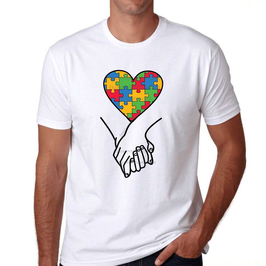 Camiseta mãos dadas apoio acolhimento autista tea espectro autista moda inclusiva tdah pcd aee - Branco - Visão 1