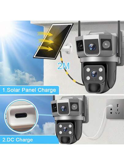 SWVW V380 Pro 12MP WiFi 10X Zoom Solar Camera 6K Dual Lens Three Screen Outdoor IP Security PIR Human Detection CCTV PTZ Cam V380PRO,2.4GWIFIOutdoor Indoor Home Cameras, Wireless WIFI Ring ,None Surveillance Pet view 4