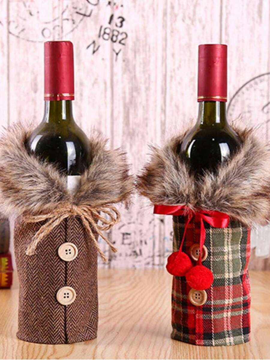 1 pieza Decoraciones navideñas, Funda para botella de vino Feliz Navidad, Funda de botella de vino de tela de lino, Bolsa para botella de vino con cuello de piel, Diseño de disfraz con tema navideño para botella de champán, Decoración de fiesta con tema navideño, Regalos de Navidad, Adecuado para decoración del hogar, decoración de restaurantes, decoración de fiestas, decoración de estilo rústico, Regalos de Año Nuevo 2026