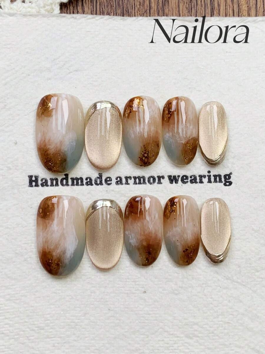 10 件手工指甲椭圆形指甲人造按压指甲短指甲，极简主义浅米棕色渐变晕染渐变指甲，闪亮闪光粉手绘金属不对称线条，闪亮猫眼，可爱简约优雅奢华手工制作秋季指甲，现代秋季指甲，多功能指甲 DIY 假指甲艺术派对日常和约会使用海滩热带度假适合可重复使用，适合女士和女孩作为礼物指甲用品 - 彩色 - 查看 1