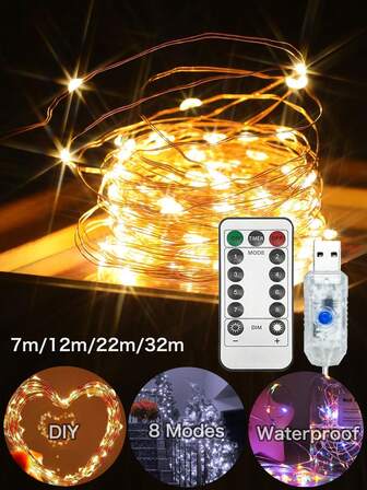 USB Fairy String Lights,USB Copper Wire Lights String, Waterproof Garland Light With 8 Lighting Modes,7m/12m/22m/32m 50/100/200/300 LEDS Christmas Lights String,DIY Various Shapes,Outdoor/Indoor With Remote Control Timer / Memory/ Dimmable Function, Suitable For Room, Bedroom,Wall,Party, Holiday, Festival, Wedding, Christmas Tree Decoration