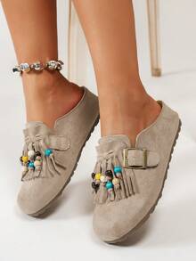 女士新款厚底鞋，牛津鞋款式，厚底高跟，休闲套脚鞋，包头设计，流苏串珠装饰，舒适百搭，适合户外旅行、休闲场合和居家穿着。 - 卡其色 - 查看 5